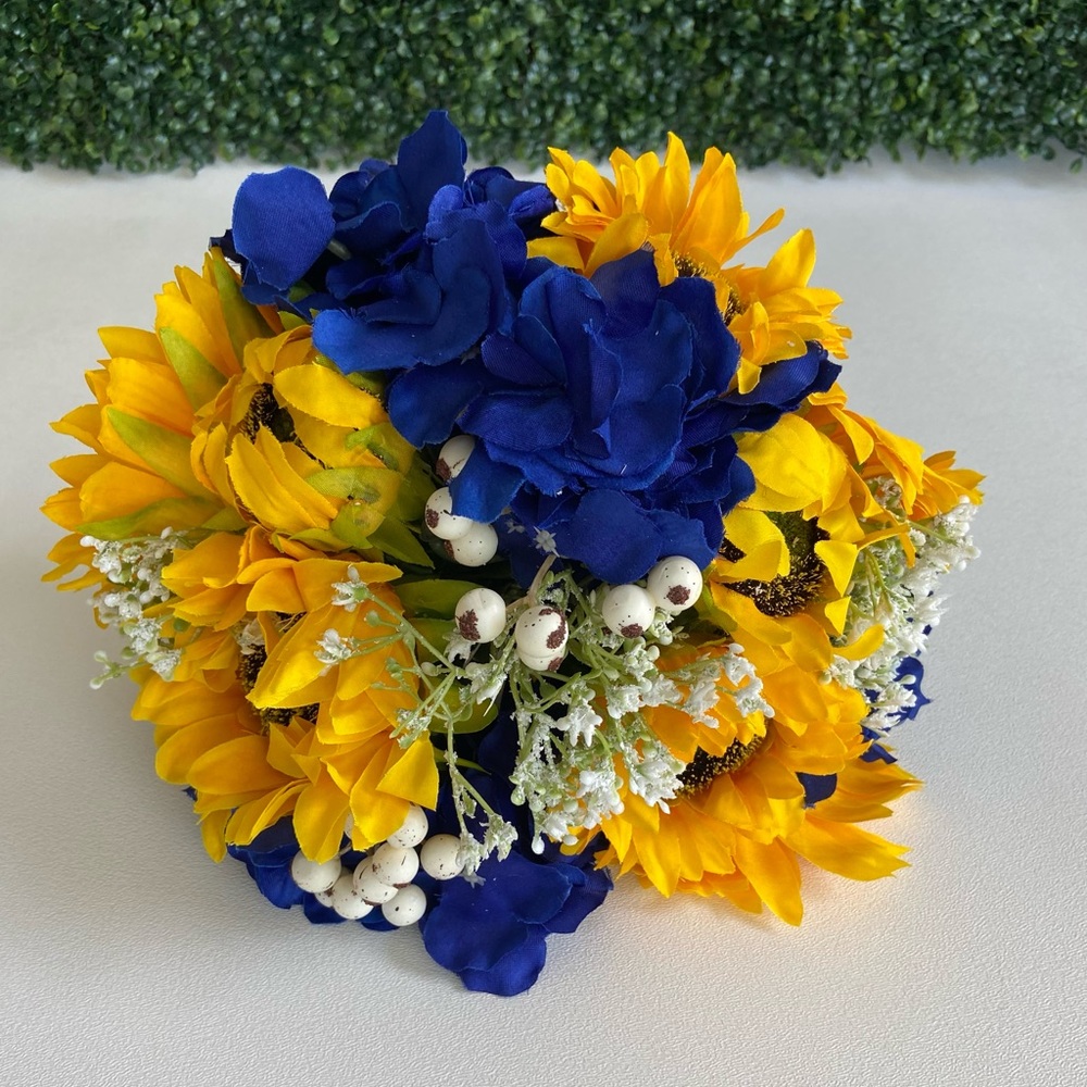12 Inch Sunflower Bridal Bouquet Yellow White Blue Wedding Flowers ~ New